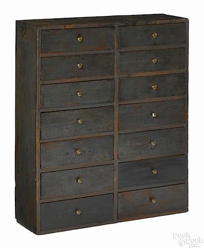 Painted pine apothecary cabinet, 19th c., retaining an old scrubbed blue surface, 36 1/4'' h.