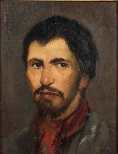 4269381: American School, Illegibly Signed, Portrait of
 Man with Red Scarf, Oil on Board E1REL