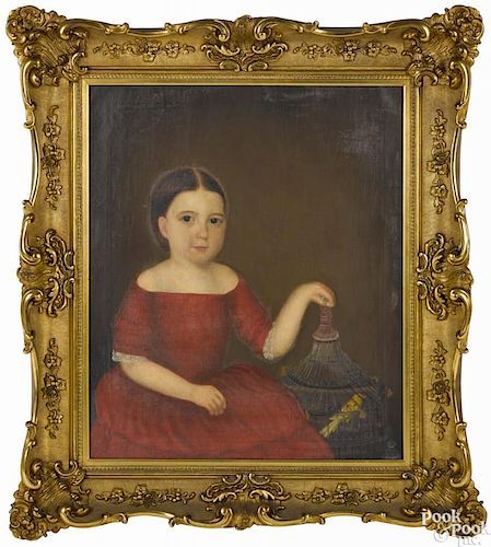 American oil on canvas portrait, mid 19th c., of a young girl in a red dress with a canary