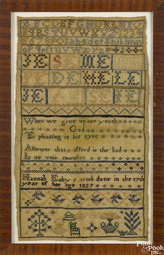 Lancaster, Pennsylvania silk on linen sampler, dated 1827, wrought by Hannah Eaby, 18 1/4'' x 11''