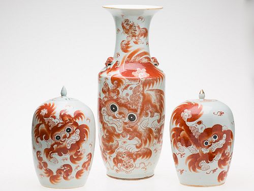 4269406: 3 Chinese Foo Dog Decorated Porcelain Vessels E1REC