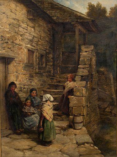 4269416: Edward John Cobbett (British, 1815-1899), Children
 on Stone Steps, Oil on Board, 1859 E1REL