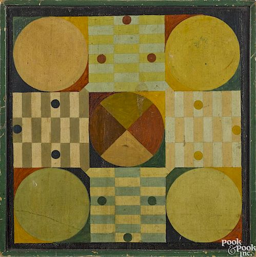 Painted double-sided gameboard, ca. 1900, 17'' x 16 3/4''