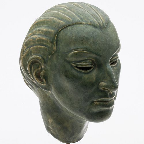 4269433: Art Deco Style Green Ceramic Portrait Bust, First Half 20th Century E1REL