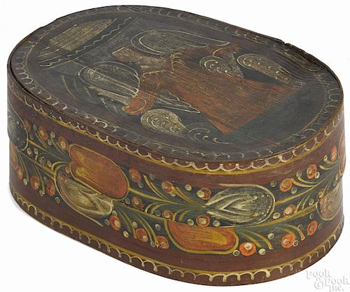 Continental painted bentwood bride's box, 19th c., the lid decorated with an angel, 7'' h., 17'' w.