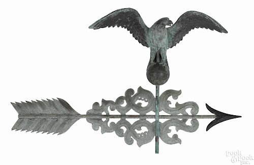 Copper eagle and bannerette weathervane, 19th c., retaining an old verdigris surface, 30'' h.