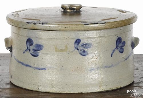 Large Pennsylvania stoneware lidded cake crock, 19th c., with cobalt floral decoration, 8 1/4'' h.