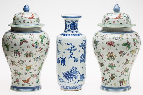 4269452: Pair of Famille Rose Lidded Vases and a Blue and White Vase, Modern E1REC