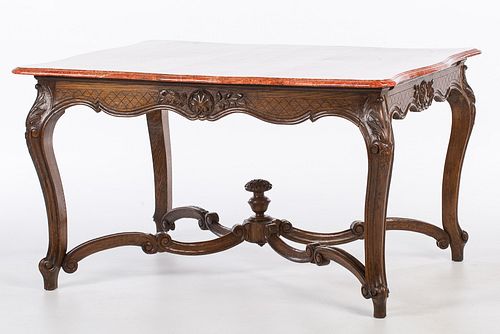 4269454: Louis XV Style Oak Faux Marble Top Center Table, 20th Century E1REJ