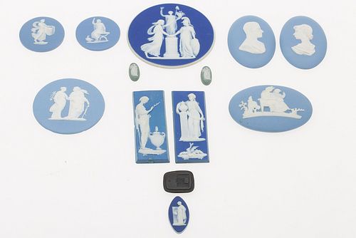 4269458: Group of 13 Small Wedgwood Jasperware and Basalt
 Plaques in a Brass and Glass Display Box E1REF