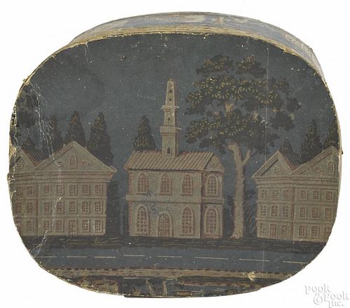 Wallpaper hat box, mid 19th c., decorated with colonial buildings on a blue ground, 11 1/2'' h.