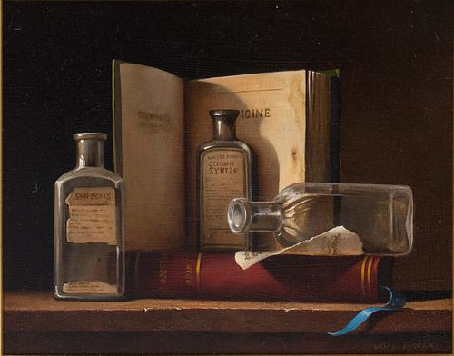 4269465: John Yerger (Massachusetts, B. 1935), Still Life
 of Medicine Bottles, Oil on Board E1REL