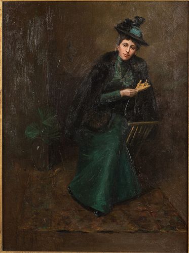 4269471: British School, Portrait of a Woman Putting on
 Gloves, Oil on Canvas, 19th Century E1REL