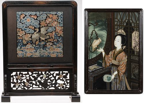 4269490: Chinese Hardwood Needlework Inset Screen and an Eglomise Panel E1REJ