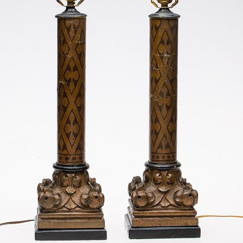 4269495: Pair of Carved Neoclassical Style Columns, Now Mounted as Lamps E1REJ