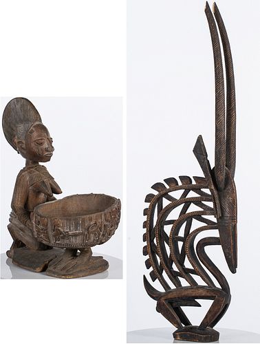 4269511: 2 African Carved Wood Sculptures, Including a Yoruba Kneeling Figure E1REA