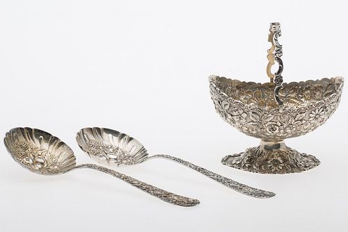 4269520: Theus & Co. Silver Repousse Handled Sugar Bowl
 and 2 S. Kirk Serving Spoons E1REQ