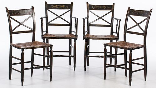 4269539: Set of 4 Painted Rush Seat Chairs, 19th Century E1REJ