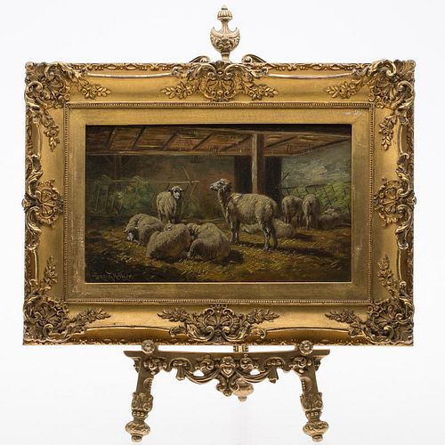 4269564: Gregory Hollyer (British, 1871-1965), Sheep in a Stable, Oil on Board E1REL