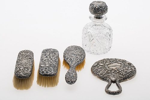 4269582: Repousse Sterling Silver 4 Piece Dressing Set and Cut Glass Bottle E1REQ