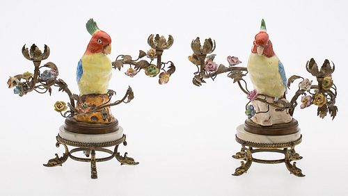 4269593: Pair of Gilt-Metal Stands with Porcelain Birds E1REF