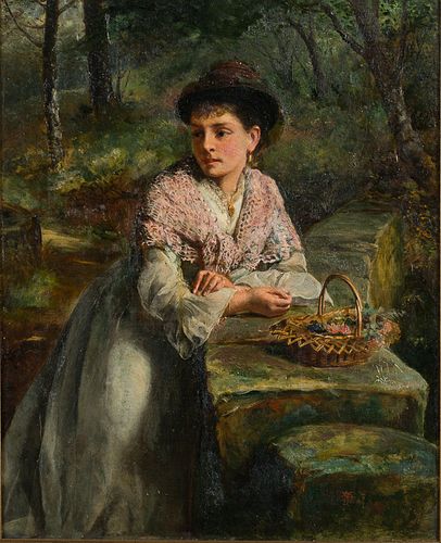 4269595: Illegibly Signed, Woman with Basket, Oil on Canvas, Late 19th Century E1REL