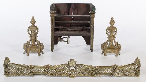 4269599: Pair of Louis XVI Style Brass Andirons, Coal Grate
 and Fender, 19th/20th Century E1REJ