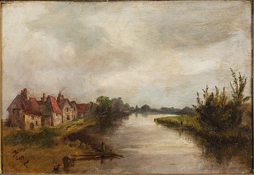 4269614: Initial Signed M.S.L., River Scene with Cloudy
 Sky and Village, Oil on Canvas E1REL