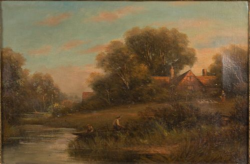 4269618: R. Jenson, Boys Fishing in Stream, Oil on Canvas, 20th Century E1REL