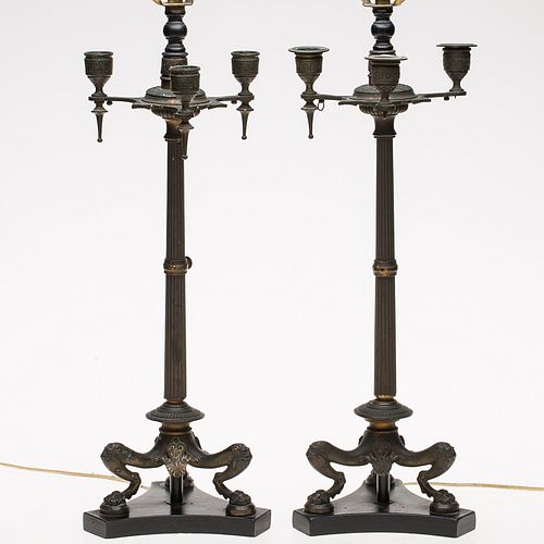 4285870: Pair of Neoclassical Style Metal 3 Light Candelabras
 Now Mounted as Lamps E1REJ