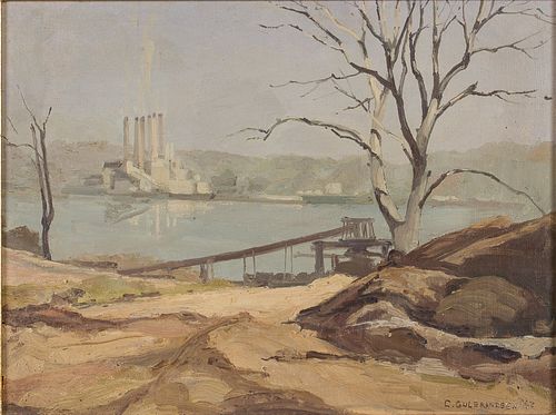 4285872: Charles Gustave Gulbrandsen (NY, 1890-1974), River
 Scene with Factory, Oil on Canvas Board E1REL