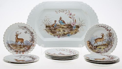 4286087: Set of 11 Plates and a Platter Decorated with Deer
 and Game Birds, 19th Century E1REF