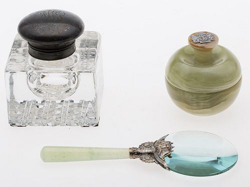 4286091: Molded Glass Inkwell, Agate Box and Magnifying Glass E1REJ
