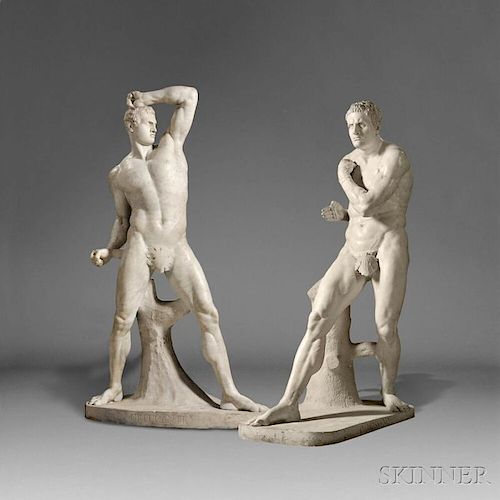 After Antonio Canova (Italian, 1757-1822)       Pair of Carrara Marble Figures of the Pugilists Creugas and Damoxenos
