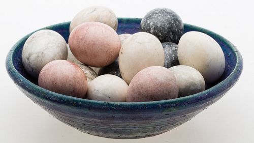 4058154: Unsigned, Attributed to Clifford West, Ceramic
 Bowl with 18 Stone Eggs E8RDF