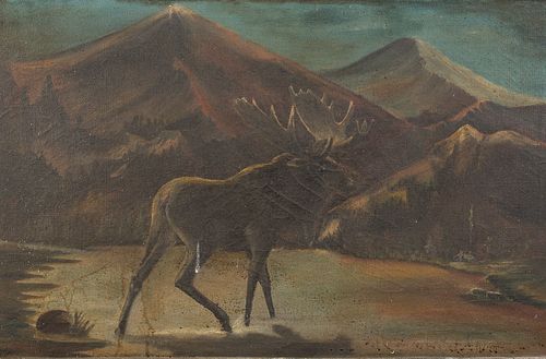 4058209: Unsigned, Moose in Landscape, Oil on Canvas E8RDL