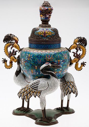 4058247: Chinese CloisonnÃ© and Enamel Censer with Crane Supports, Modern E6RDC E7RDC