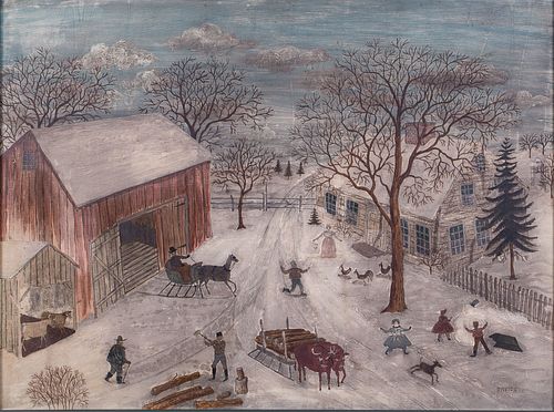 4058288: Albert Davies (New Hampshire, 1889-1967), Winter Scene, Oil on Board E7RDL