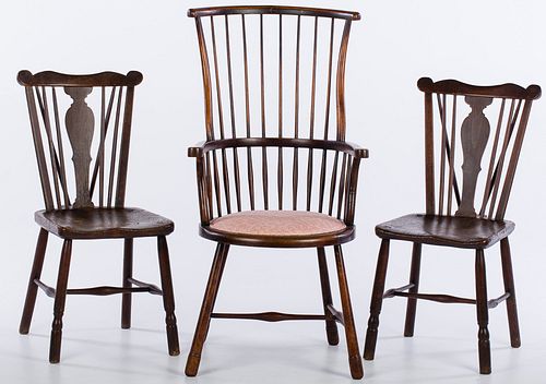 4058382: English Windsor Comb-Back Chair and Pair of Plank
 Seat Side Chairs, 19th Century E7RDJ