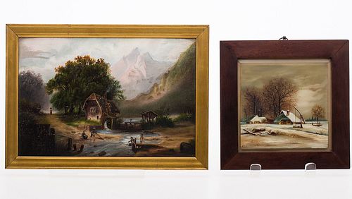 4058411: Alice Evans (1865-1959), Mountainous Scene and
 Snow Scene, Oil on Board/Oil on Glass E7RDL