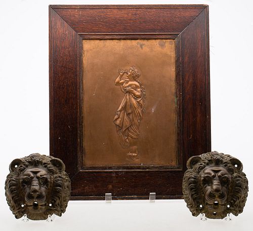 4071304: Copper Plaque with Robed Woman and 2 Lion's Head
 Fountain Spouts, 19th Century E7RDJ