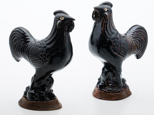 4072365: Chinese Style Dark Brown Glazed Roosters, Early 20th Century E7RDC