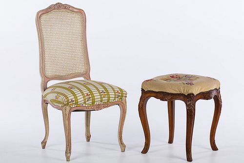 4072367: Louis XV Style Side Chair and a Needlepoint Upholstered Stool E7RDJ