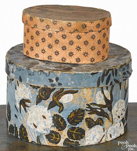Two wallpaper dresser boxes, 19th c., 3'' h., 6 1/4'' w. and 5 1/4'' h., 8 3/4'' w.