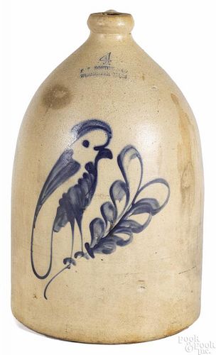 Massachusetts four-gallon stoneware jug, 19th c., impressed F. P. Norton & Co. Worcester Mass