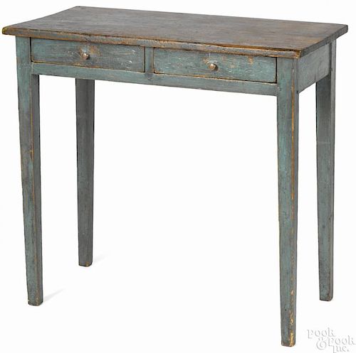 Painted pine work table, 19th c., retaining an old blue surface, 29 1/2'' h., 31 1/2'' w., 16'' d.