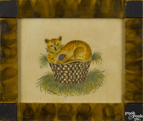 David Y. Ellinger (American 1913-2003), oil on velvet theorem of a cat in a basket, signed