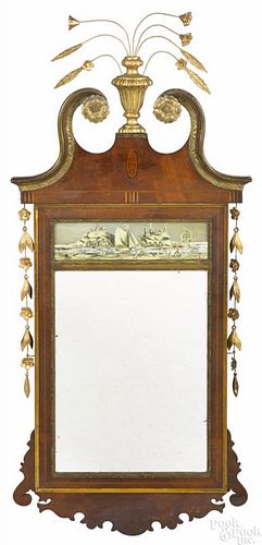 Federal mahogany looking glass, ca. 1900, with a conch shell inlaid crest, 48 1/2'' h.