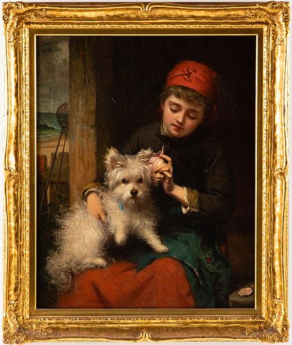 5394077: William Penn Morgan (NY, 1826-1900), Child with
 Dog and Shell, Oil on Canvas E7RDL