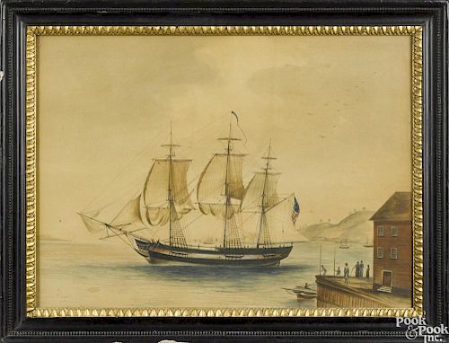 American watercolor ship portrait, mid 19th c., in the manner of Michele Felice Cornè